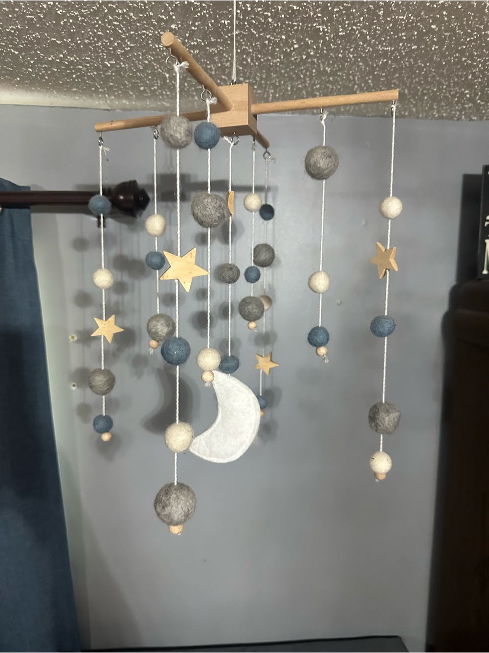 Felt Moon & Stars Mobile in Blue, Gray, Cream, moon pillow & moon/stars decor